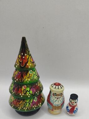 Vintage Christmas Nesting Dolls: Hand Painted Santa, Snowman, Tree - 3 in 1